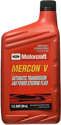 A red plastic bottle of Motorcraft Mercon V automatic transmission and power steering fluid. 