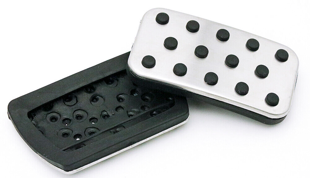 A front and back view of a performance brake pedal cover pad. 