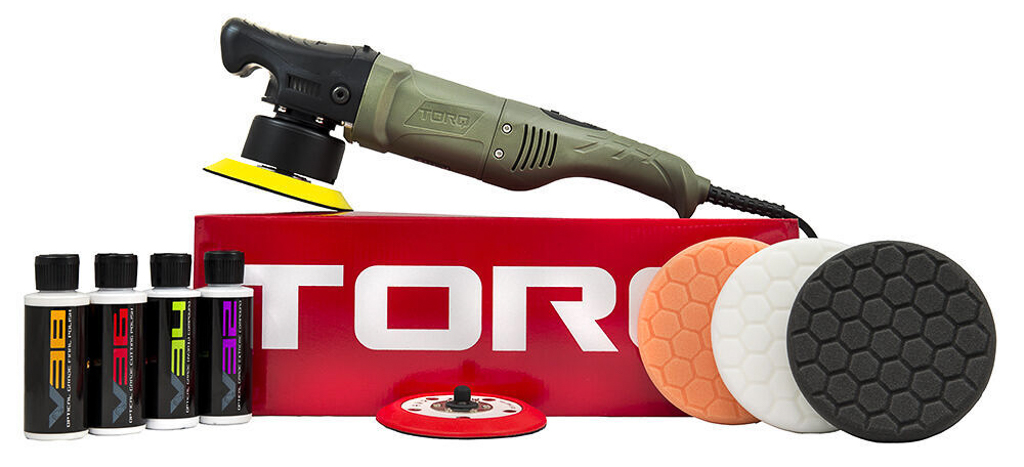 A Chemical Guys brand car polishing kit with polish, buffer pads, and a dual action power poslisher