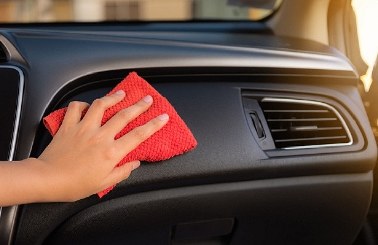 A woman cleans her car console with a microfiber cloth