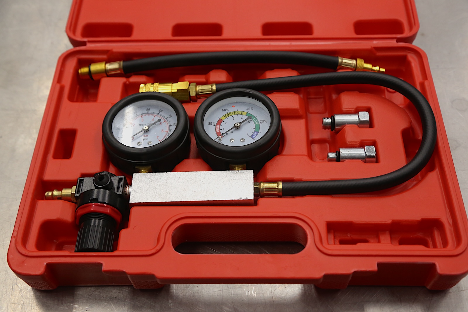 A two-gauge engine leak down tester kit