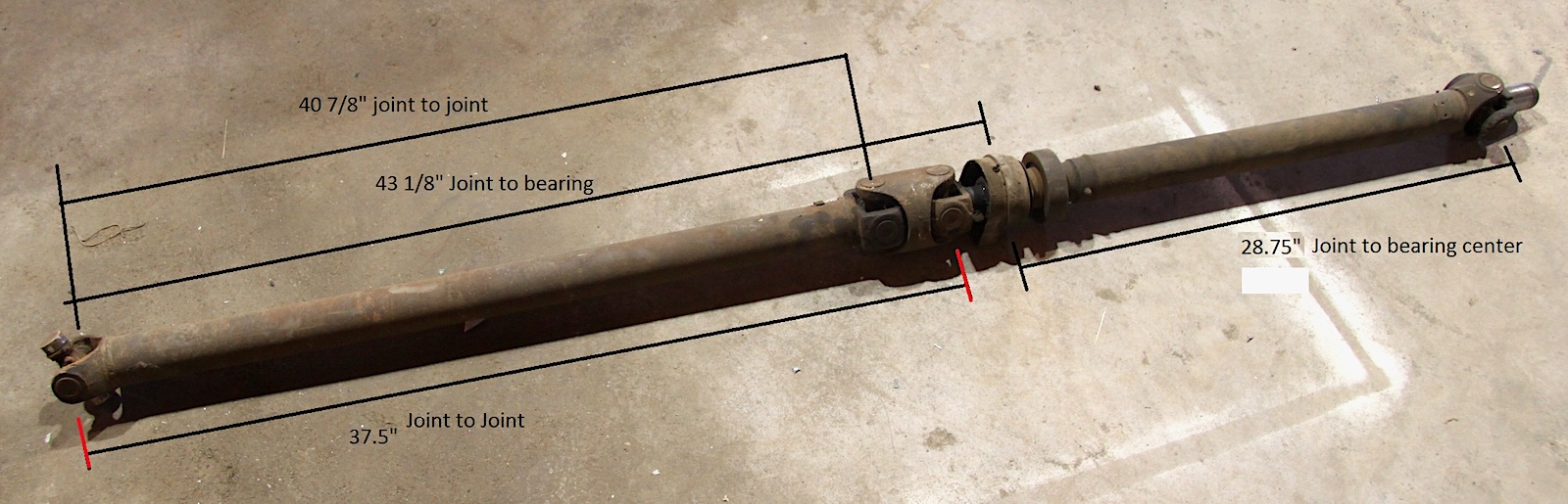 Two-piece driveshaft with measurements