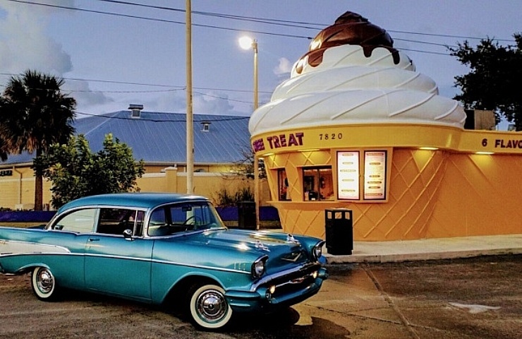1957 Chevrolet Bel Air parked in front of soft serve ice cream stand - featured