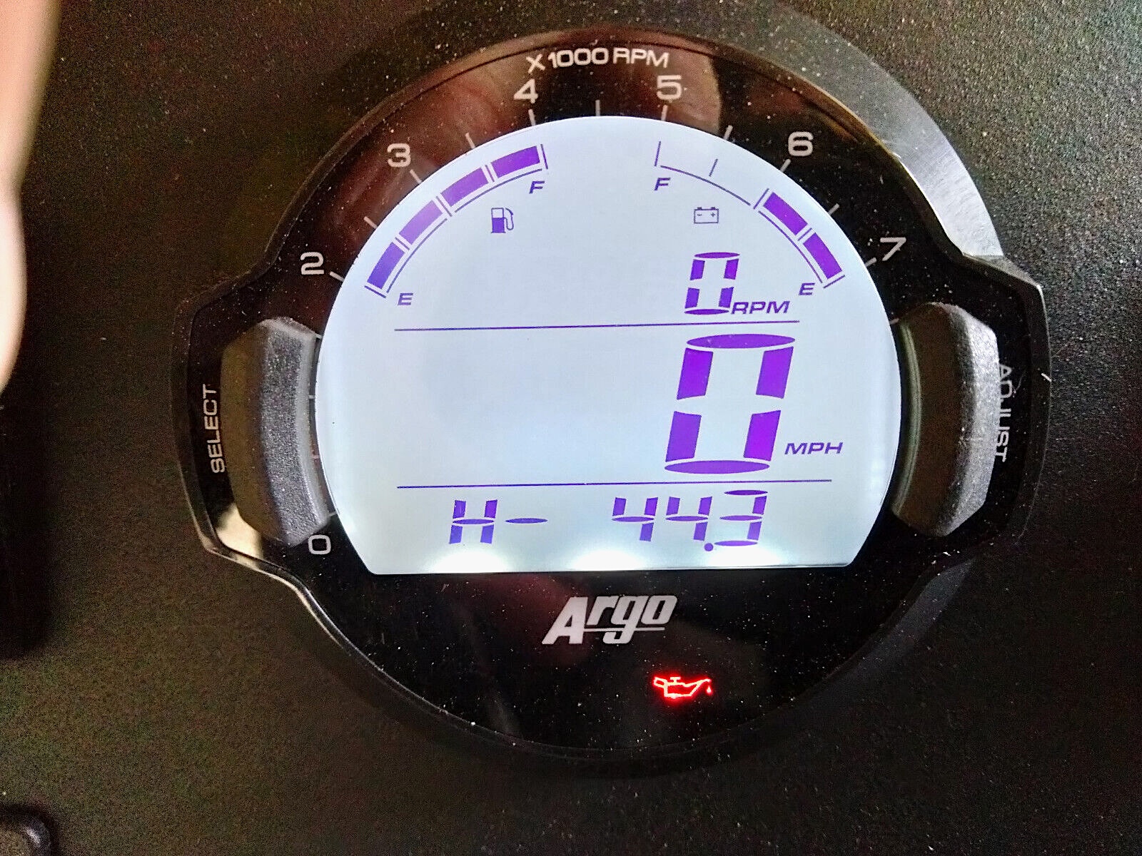 2022 Argo 700 Frontier 8x8 Hunt Master instrumentation showing 44.3 hours run time 