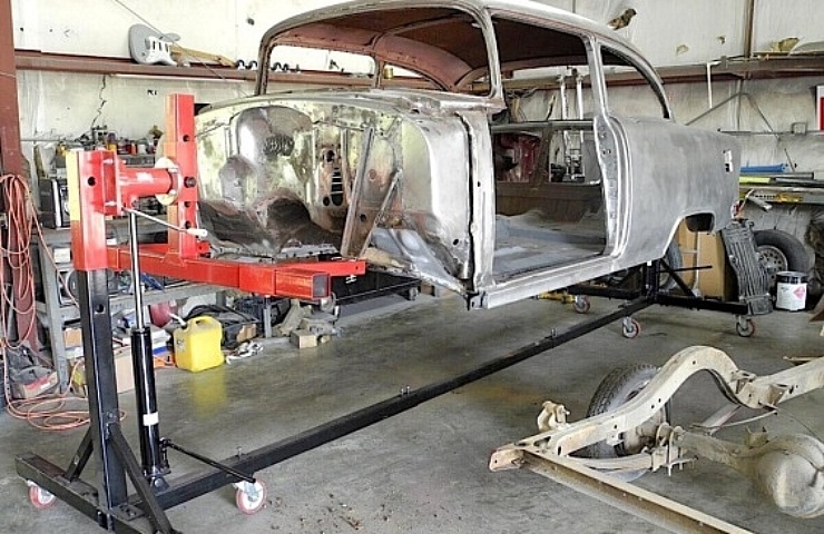 1955 Chevy undergoing rotisserie restoration