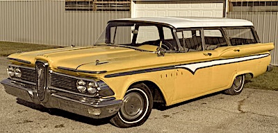 A yellow Ford Edsel station wagon.