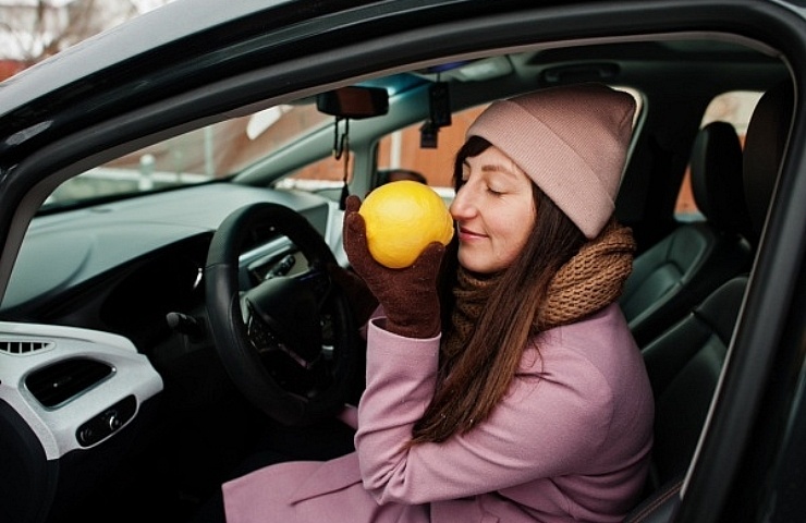 A woman sitting in a car, sniffing a lemon.