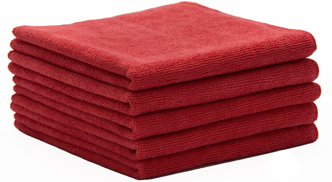Stack of five red microfiber towels
