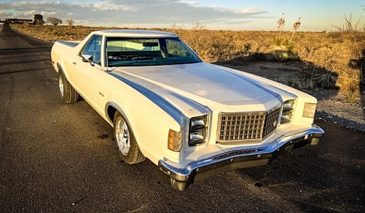 White 1979 Ford Ranchero at sunset - right front profile