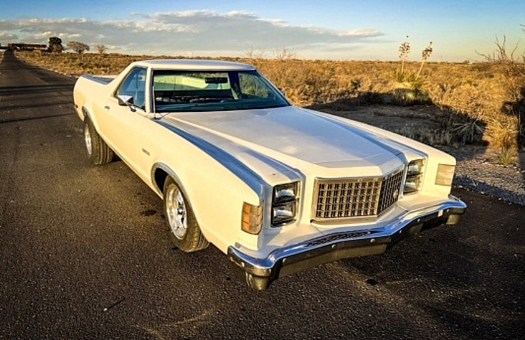 White 1979 Ford Ranchero at sunset - right front profile