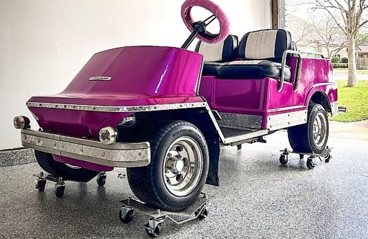 Pink Harley-Davidson golf cart - left front profile