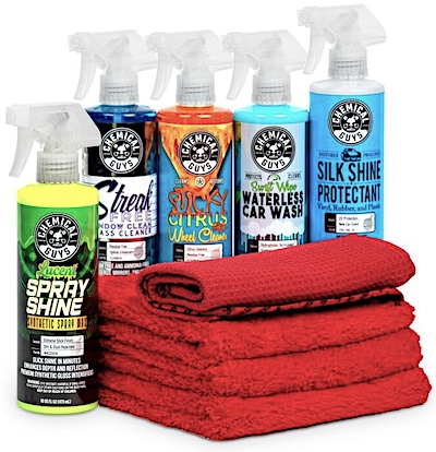 The Chemical Guys waterless car wash kit with microfiber towels displayed on a white background.