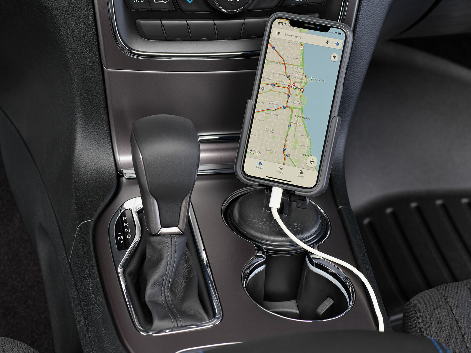 WeatherTech CupPhone in center console, displaying navigation information