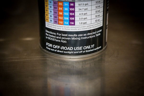 This can of BOOSTane octane booster is clearly labeled for off-road use only.