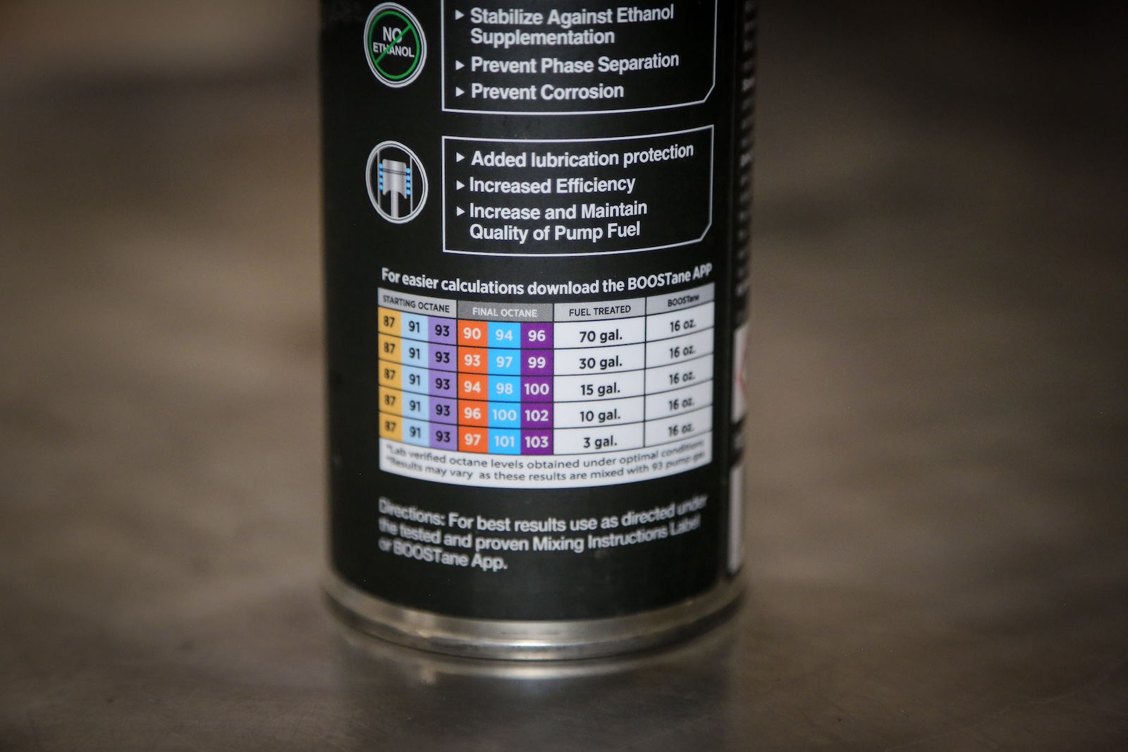 Mixing scale on back of octane boost can.