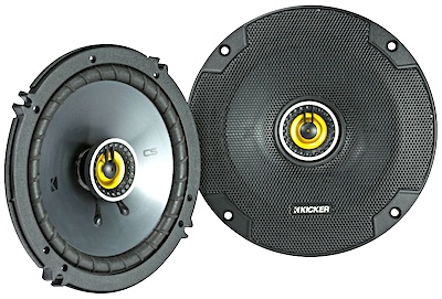 A pair of 6.5-inch Kicker 46CSC654 CS-Series 2-way coaxial speakers displayed with and without grilles on a white background.