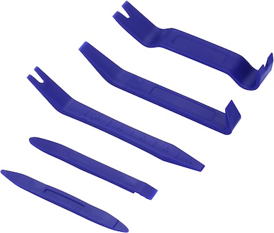An inexpensive set of blue plastic pry tools displayed on a white background.