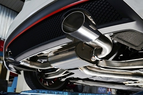 Dual-exit cat-back exhaust system on a contemporary sports car