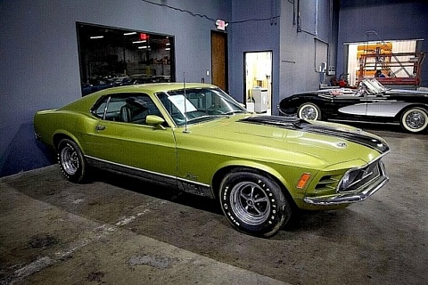 Green 1970 Ford Mustang Mach 1 428 Cobra Jet - right front profile